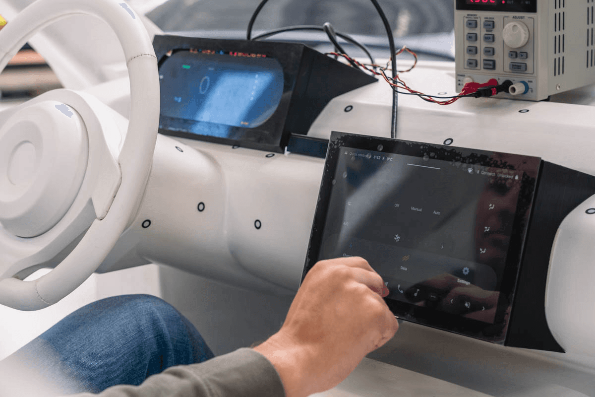 Evaluating our UX designs in our office test setup for the infotainment system.